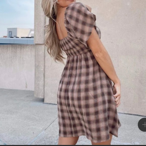 By Together Brown Plaid Short Sleeve Prairie Mini Dress S - Picture 3 of 9